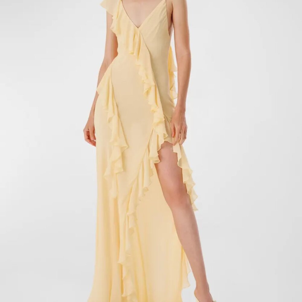 Olivialle Ruffle Chiffon Slit Gown - Ronny kobo - buttercream